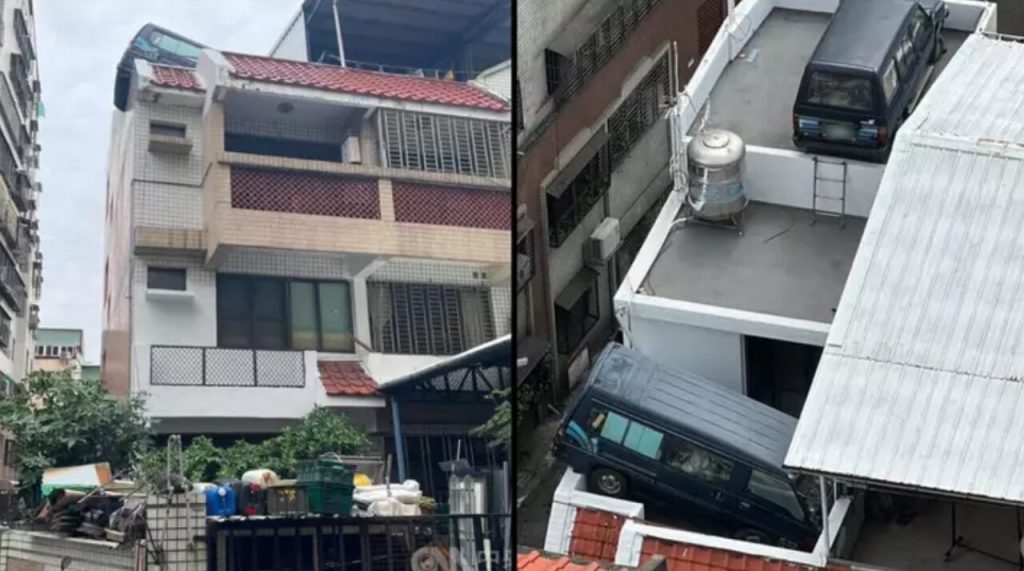مرد تایوانی در یک اقدام دیوانه وار خودروی خود را روی سقف پشت بام پارک کرد